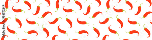 Seamless pattern with red hot chili peppers scattered on a white background. Vector illustration of spicy food for kitchen textiles, wallpaper, menu design, decor, Mexican food packaging, cute station
