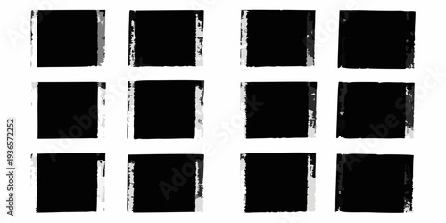 Nine black squares with distressed edges resembling old film negatives