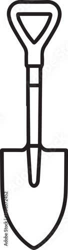 A simple line drawing of a shovel, a utilitarian tool.