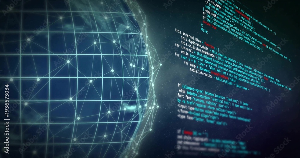 Fototapeta premium Displaying glowing 3D mesh sphere occupying left in dark cyber space, with luminous nodes and code