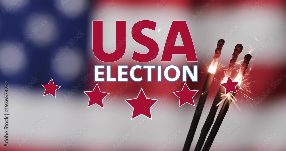 Obraz premium Displaying bold USA ELECTION text and three lit sparklers on blurred flag backdrop in promo poster