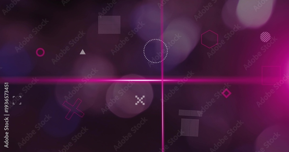 Naklejka premium Glowing magenta crosshair creating central glow in digital studio backdrop, with bokeh circles