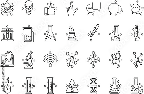 Science and laboratory line icon set featuring chemistry equipment molecule structures skull warning symbols research tools and dna for medical biotechnology