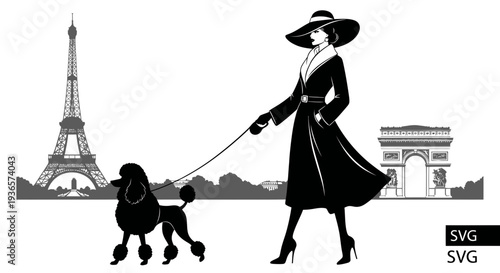 Elegant Woman Walking Poodle in Paris with Eiffel Tower and Arc de Triomphe