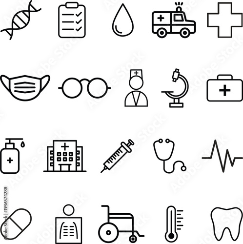 Medical and healthcare line icon set for hospital and clinic apps.