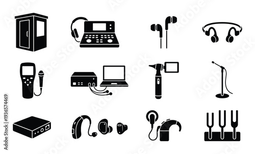 Collection of audiologist equipment in black color on transparent background for sign or logo