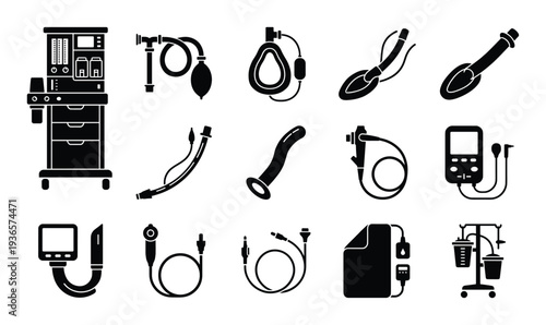 Collection of anesthesia equipment vector isolated on transparent background in silhouette style