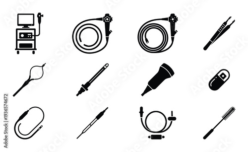 Collection of endoscopy medical equipment tools and devices for internal examination vector silhouettes