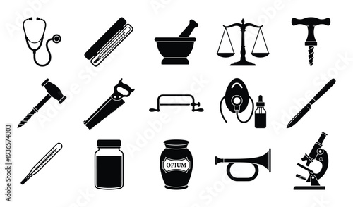 Collection of medical equipment vector isolated on transparent background in silhouette style