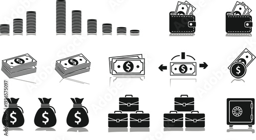 Financial Icons Featuring Money Stacks Coins Wallets Briefcases and Safe on White Background finance