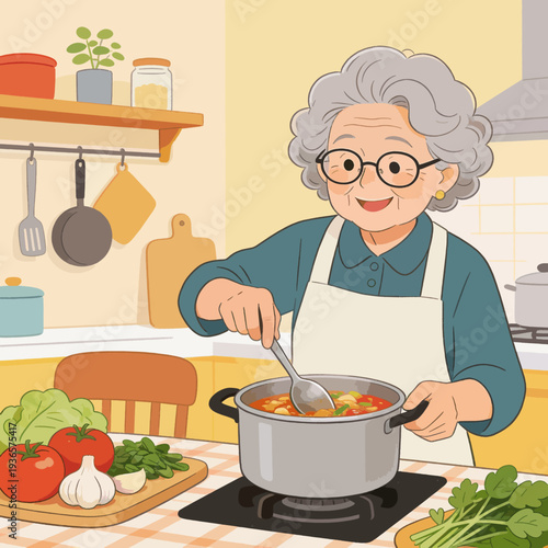 Happy Elderly Grandmother Cooking Vegetable Soup in Cozy Home Kitchen – Cute Cartoon Flat Design Illustration
