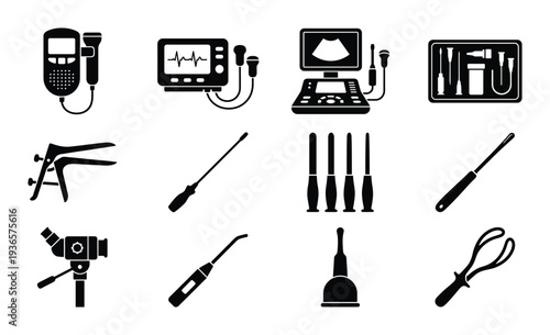 Gynecology and obstetrics clinic medical equipment for woman health and pregnancy vector set