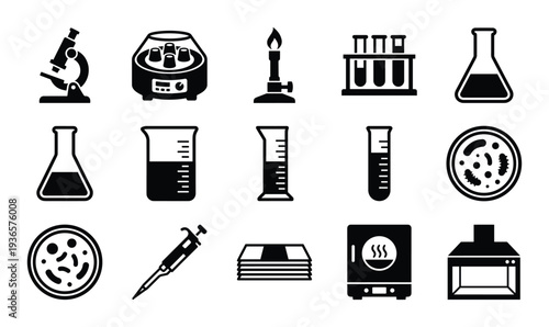 Lab equipment of medical instrument, glassware and tools in research chemistry and science vector set