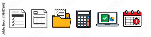 Collection of business and finance icons representing documents, calculator, laptop, and calendar