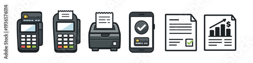 Collection of payment and financial icons including POS terminals, receipt printer, and mobile payment