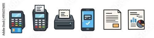 Financial transaction icons: payment terminal, receipt printer, mobile payment, and documents