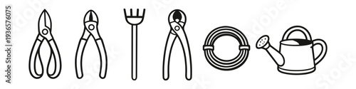 Collection of simple line art icons representing gardening tools and equipment