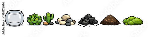 Collection of elements for creating a terrarium or succulent garden display