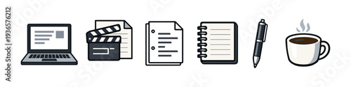 Creative process icons: laptop, clapperboard, paper, notebook, pen, and coffee