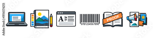 Collection of icons representing publishing, design, and marketing processes