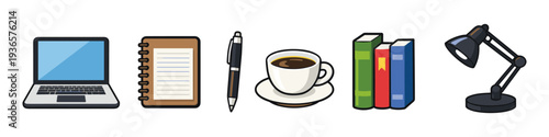 Workplace essentials: laptop, notebook, pen, coffee, books, and desk lamp