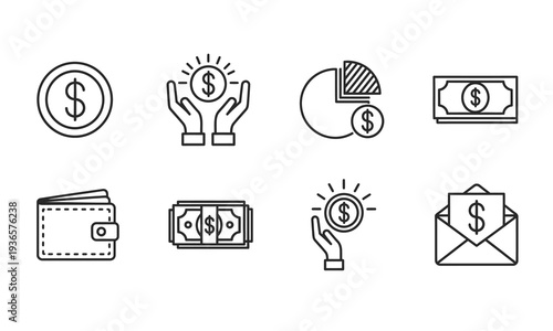 Financial icons set including money wallet and graph