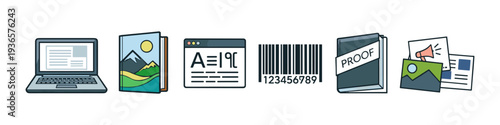 Collection of icons representing digital and print media, proofing, and marketing materials
