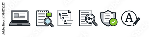 Set of icons representing digital content creation, analysis, and security processes
