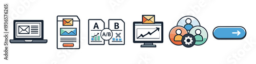 Digital marketing icons showing analytics, A/B testing, and team collaboration for growth
