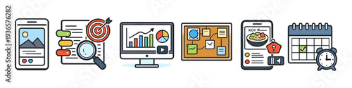 Business strategy icons showing planning, analysis, and scheduling for success