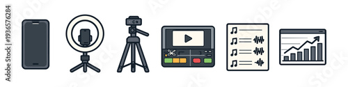 Set of icons representing modern content creation tools and analytics for online creators
