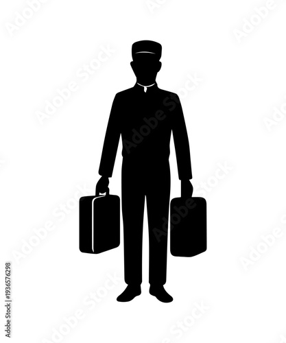 Bellhop porter staff silhouette carrying luggage, providing hotel hospitality services