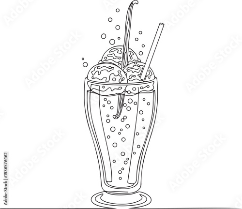 Ice cream float milkshake in tall glass in continuous one line drawing. Sweet cold dessert drink in simple linear style. Cafe beverage menu in editable stroke. Doodle oneline vector art.