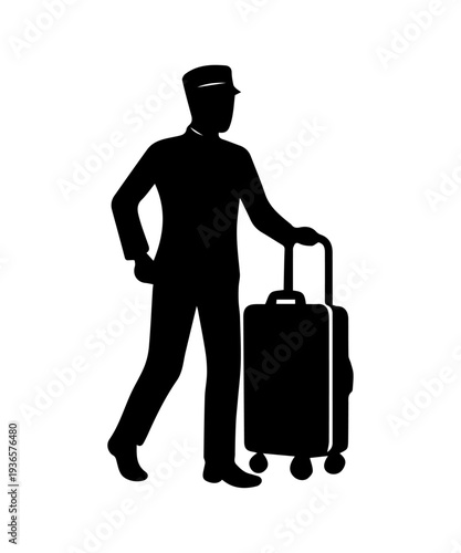 Bellhop porter staff silhouette carrying luggage, hotel hospitality services