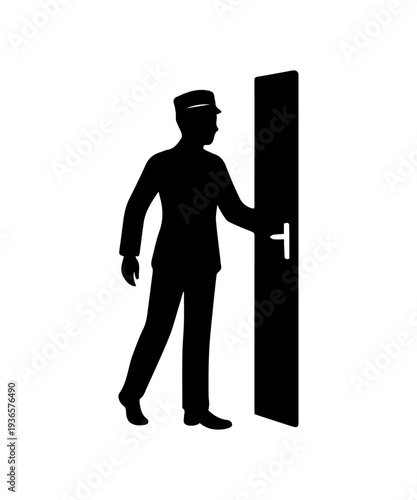 Hotel bellhop staff opening a door, offering hospitality service silhouette