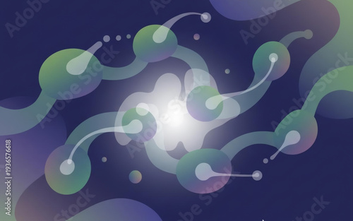 Abstract illustration of swirling shapes and particles in a dark blue environment from a frontal viewpoint