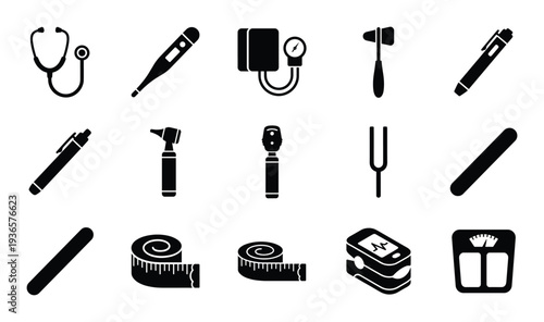 Medical equipment icons set vector for hospital or clinic stethoscope and other instruments