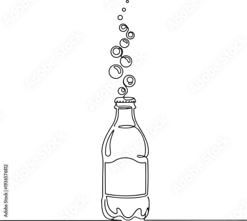 Opened soda glass bottle with fizz bubbles in continuous one line drawing. Sparkling water drink in simple linear style. Beverage menu in editable stroke. Doodle oneline vector art.