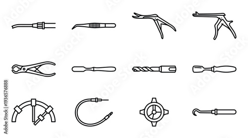 Medical specialty instruments set featuring dental tools forceps and microsurgery equipment outlines