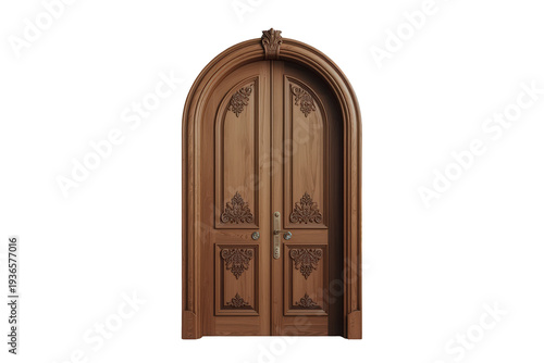 Arched carved wooden double door with ornate classical design and brass handle isolating elegance
