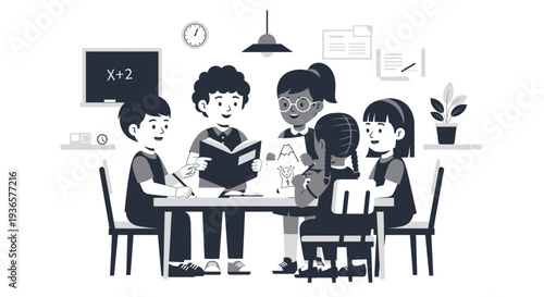 Diverse group of children engaged in collaborative learning at a table.