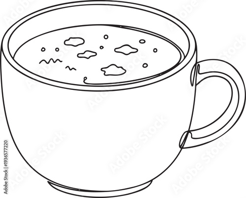 Hot chocolate mug with marshmallows in continuous one line drawing. Warm winter drink in simple linear style. Coffee cup in editable stroke. Doodle oneline vector art.