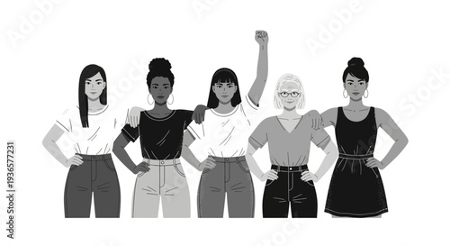 Diverse group of women standing together in solidarity and strength.