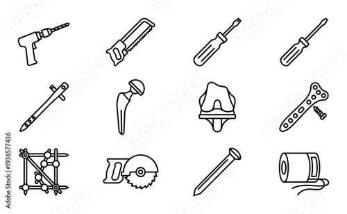 Orthopedic surgery tools and bone implants icons including drill saw screws and joint replacements