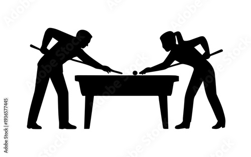 Man and woman silhouettes playing billiards game on a pool table