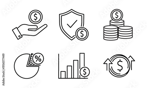 Financial icons set with money shield and graph