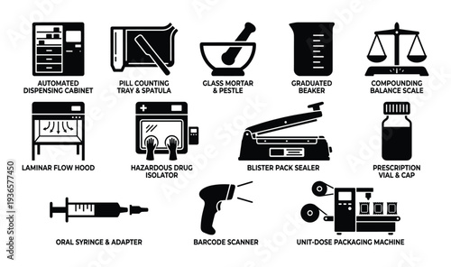 Pharmaceutical equipments in black and white vector art for apothecary needs of compounding process