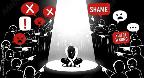Person under spotlight facing public shaming and criticism, surrounded by pointing fingers and negative speech bubbles.