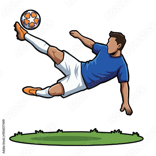 Dynamic male soccer player executing a powerful overhead kick in mid-air, demonstrating athletic skill and passion for the competitive sport of football. Action Vector Design Illustration.
