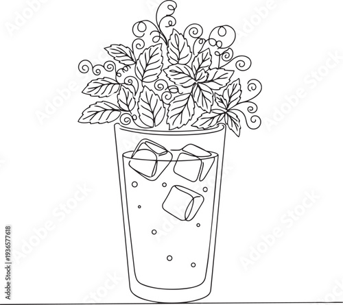 Iced mojito cocktail glass with fresh mint leaves in continuous one line drawing. Cold summer drink in simple linear style. Alcohol beverage menu in editable stroke. Doodle oneline vector art.